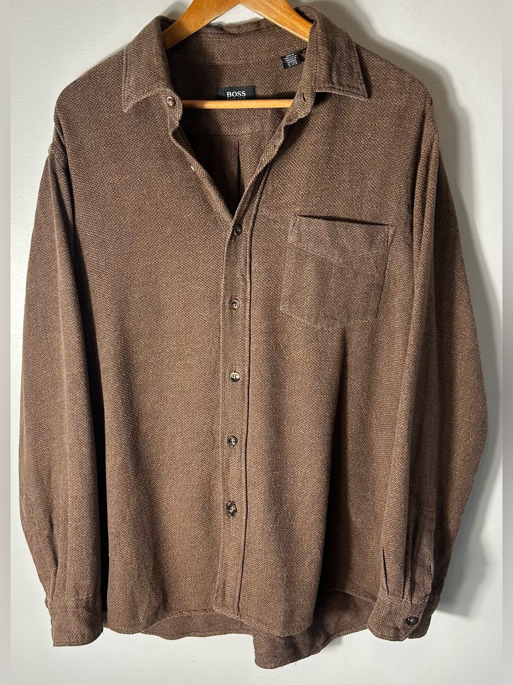 Vintage Hugo Boss Button Up Shirt Mens XL Brown Cotton Tweed Herringbone Pocket